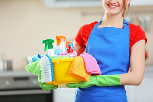 Commercial cleaning team working in a Brent office reception area